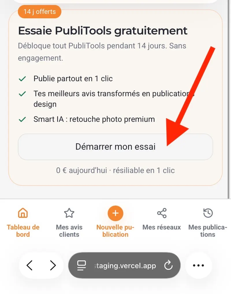 Bouton Démarrer mon essai sur le tableau de bord PubliTools