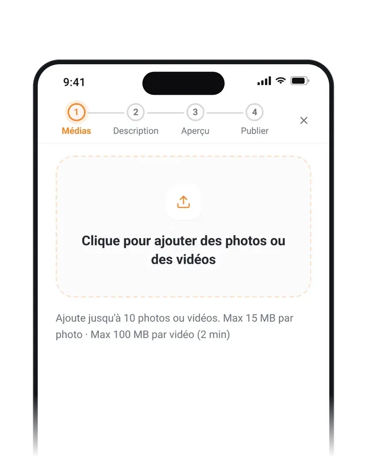Animación de PubliTools: añade fotos o vídeos de obra y describe el trabajo con una nota de voz.