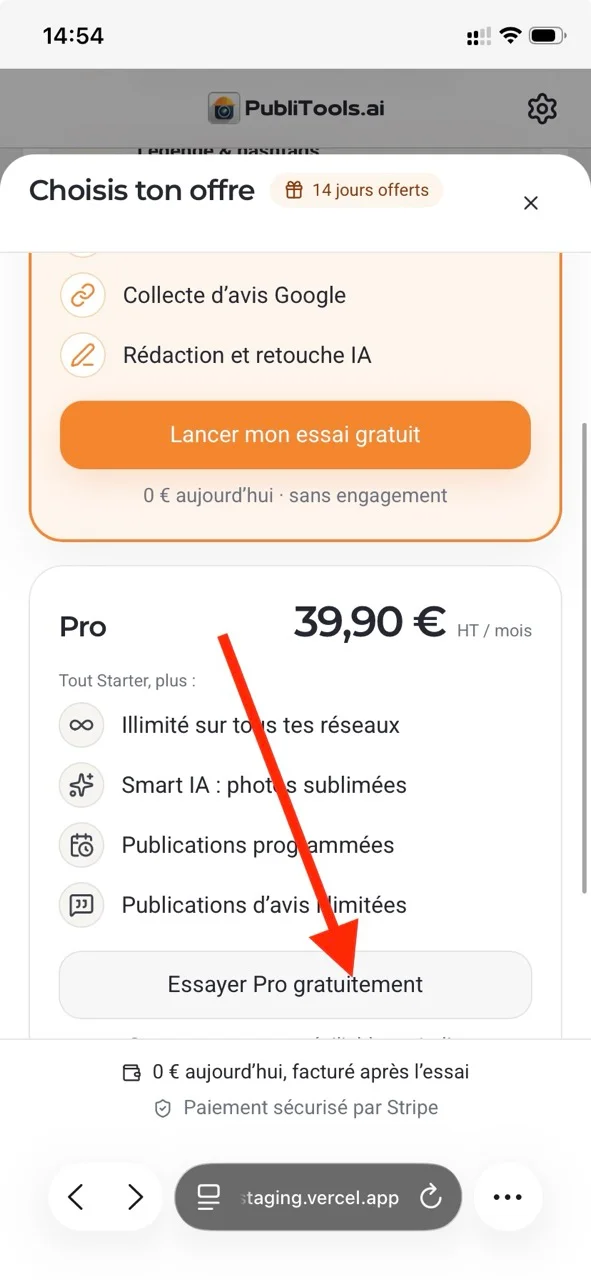 Sélection du plan Pro : une flèche pointe vers Essayer Pro gratuitement