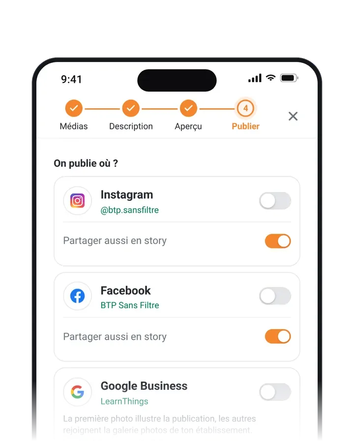 Animación de PubliTools: selecciona las cuentas conectadas y publica en las redes sociales con un clic.