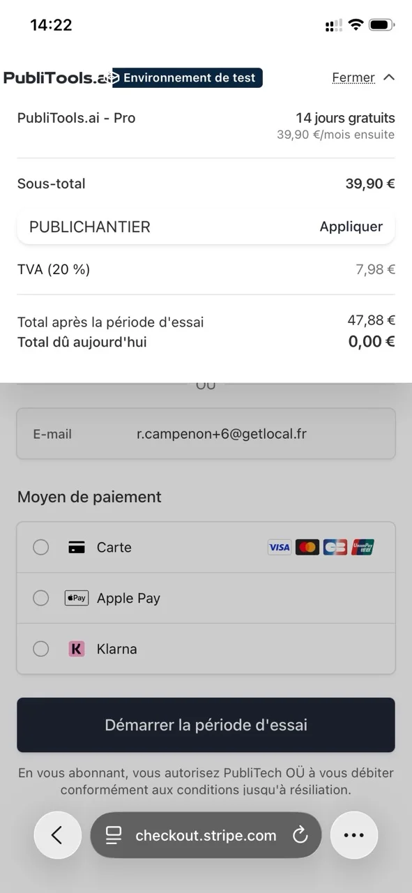 Champ de code promotionnel et bouton Appliquer sur la page de paiement Stripe