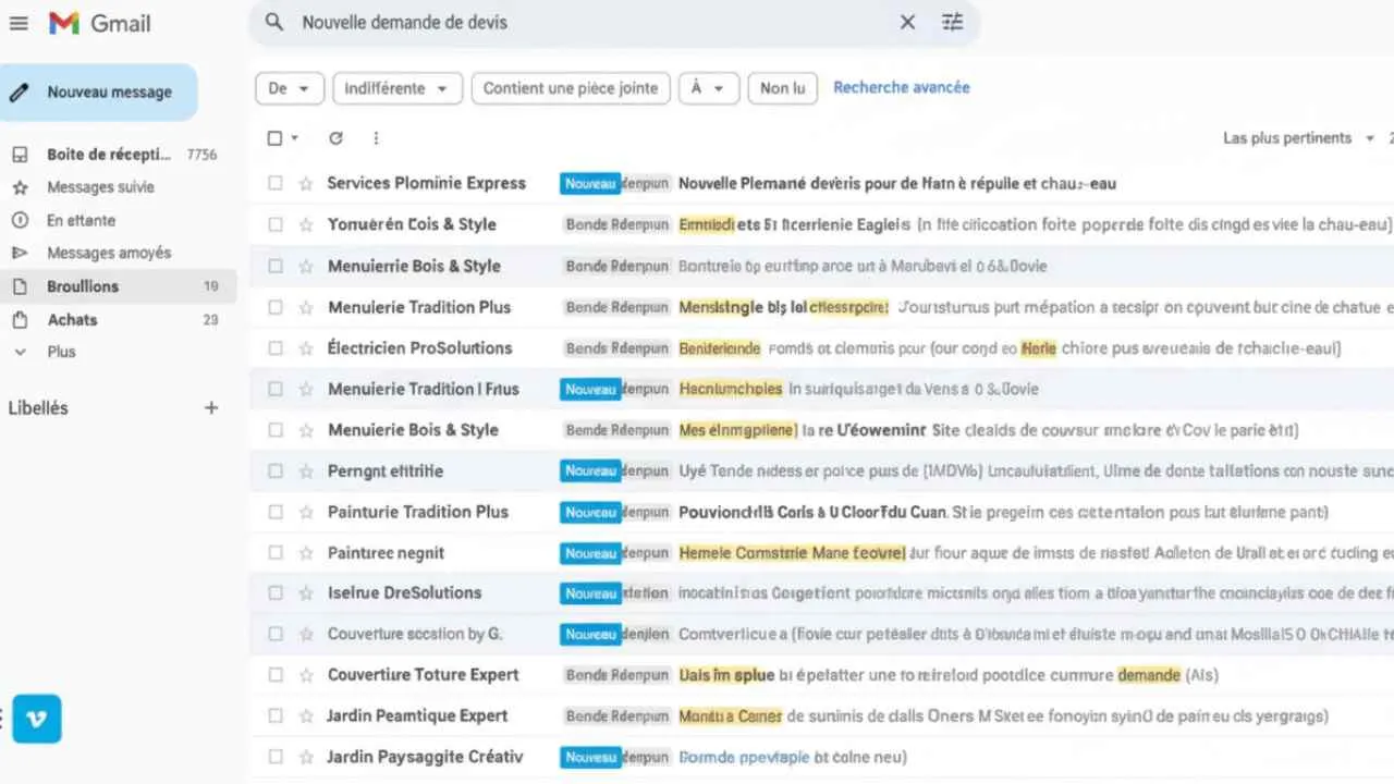Bandeja de entrada de Gmail con nuevas solicitudes de presupuesto recibidas