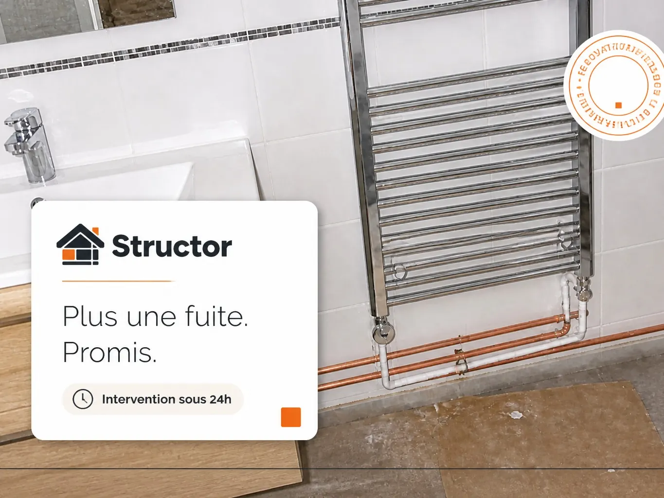 Publication de chantier pour un plombier avec logo et promesse d’intervention sous 24 heures