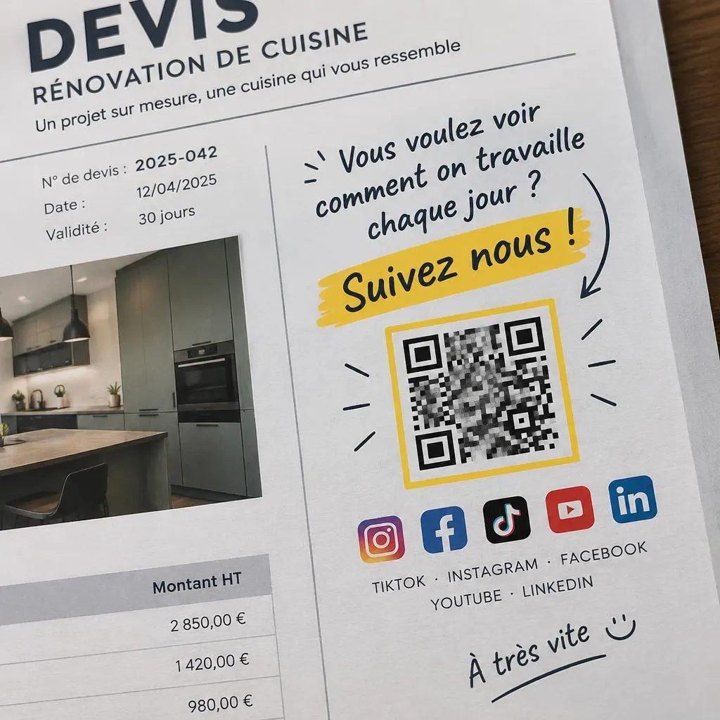 Devis de rénovation avec un QR code invitant à suivre les chantiers sur les réseaux sociaux