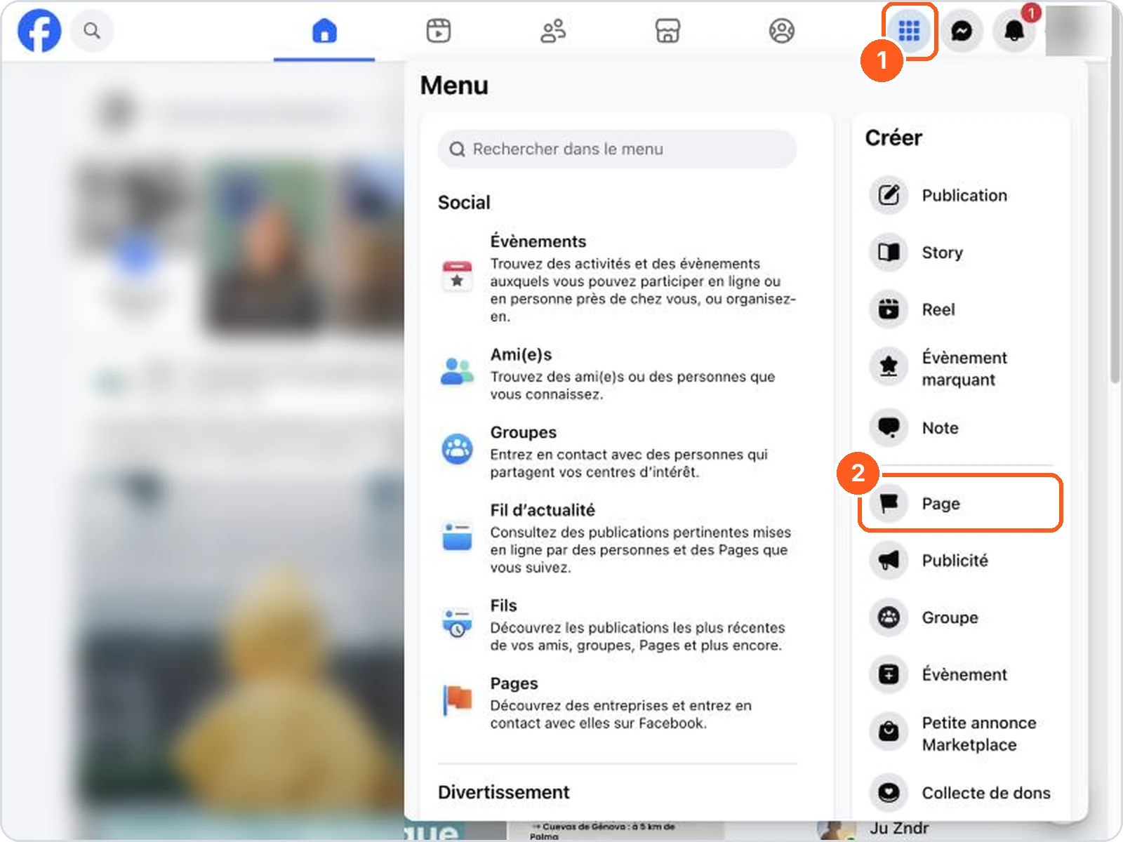 Menu Facebook : icône aux 9 points, puis Page dans la colonne Créer