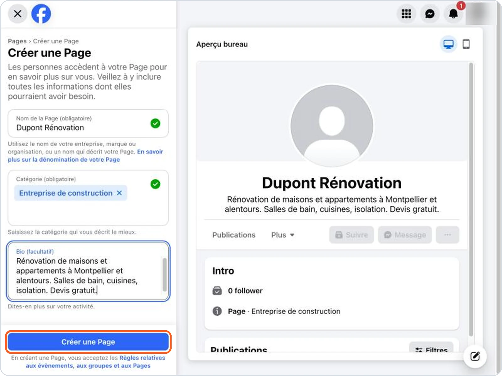 Bouton Créer une Page