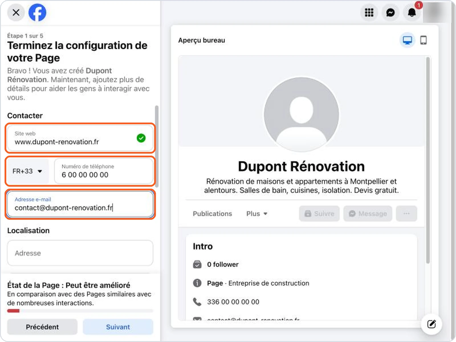 Site web, téléphone et e-mail remplis