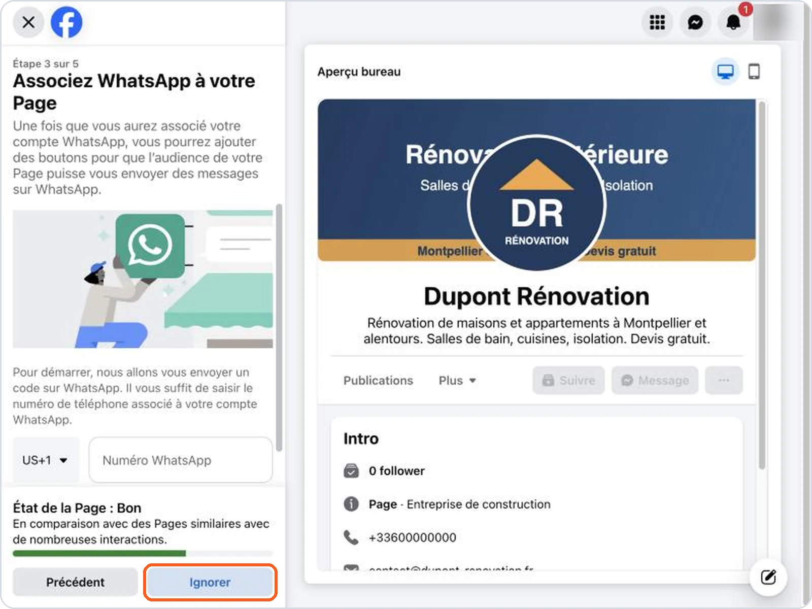 Associer WhatsApp : bouton Ignorer
