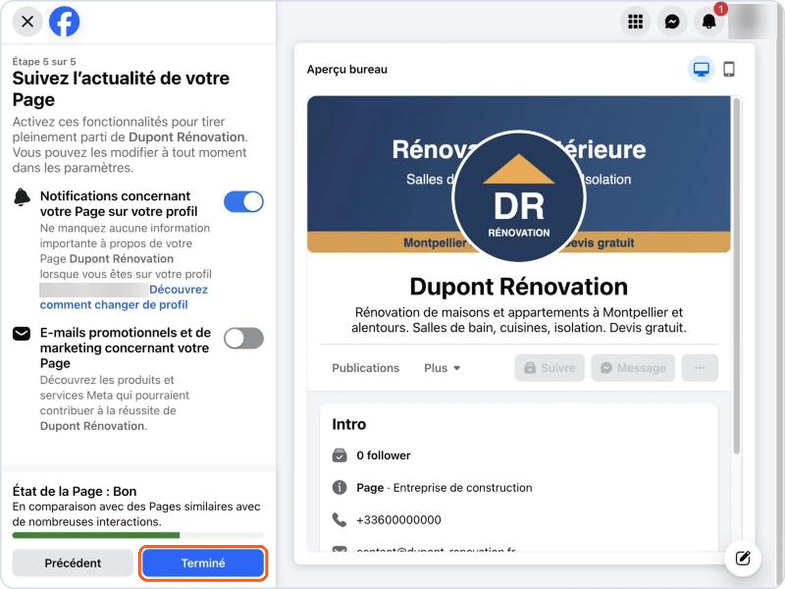 Dernière étape : bouton Terminé