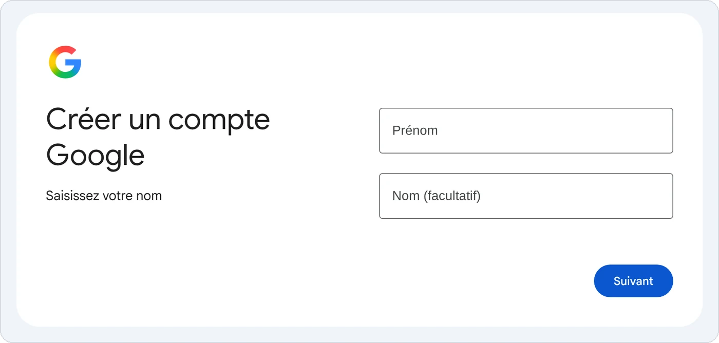Créer un compte Google : prénom et nom