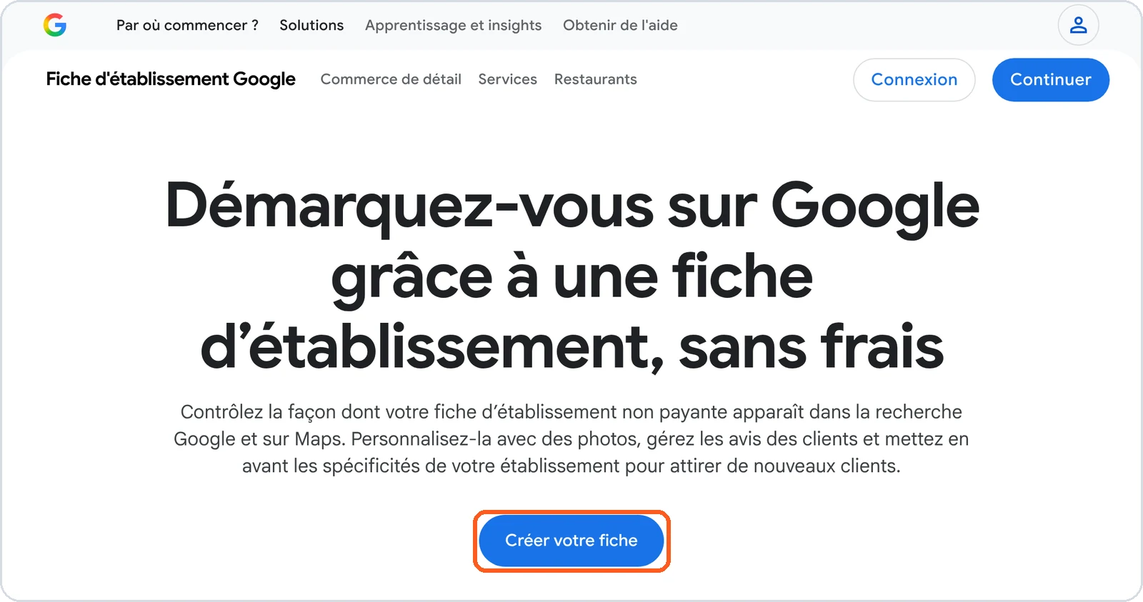 Page Fiche d'établissement Google : bouton Créer votre fiche