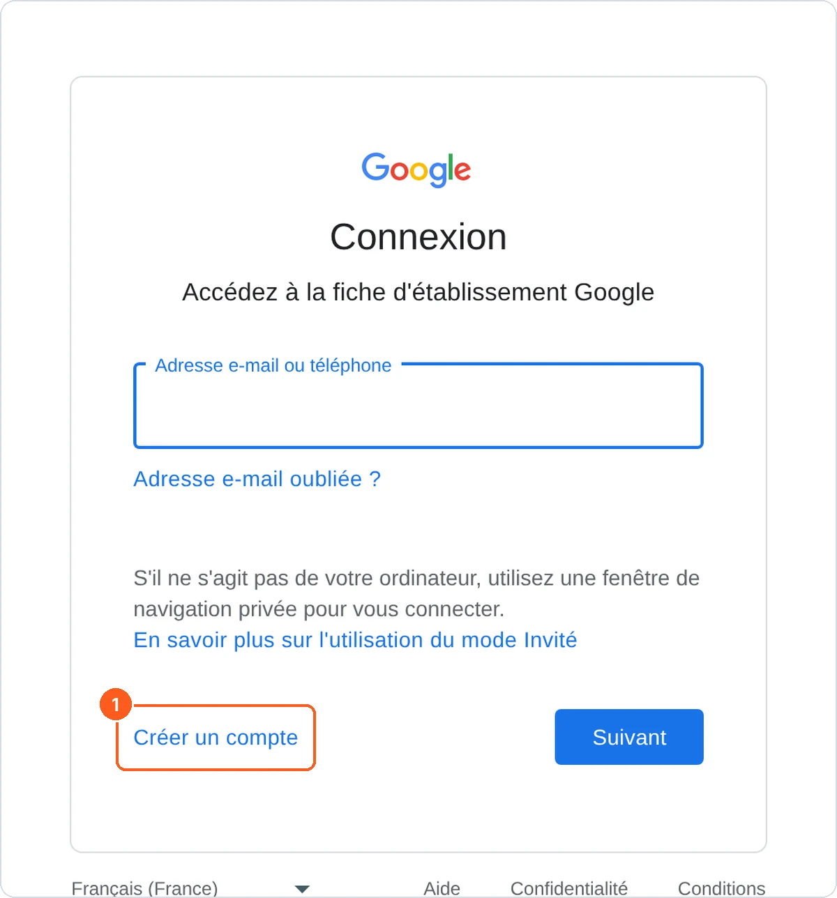 Connexion Google : lien Créer un compte