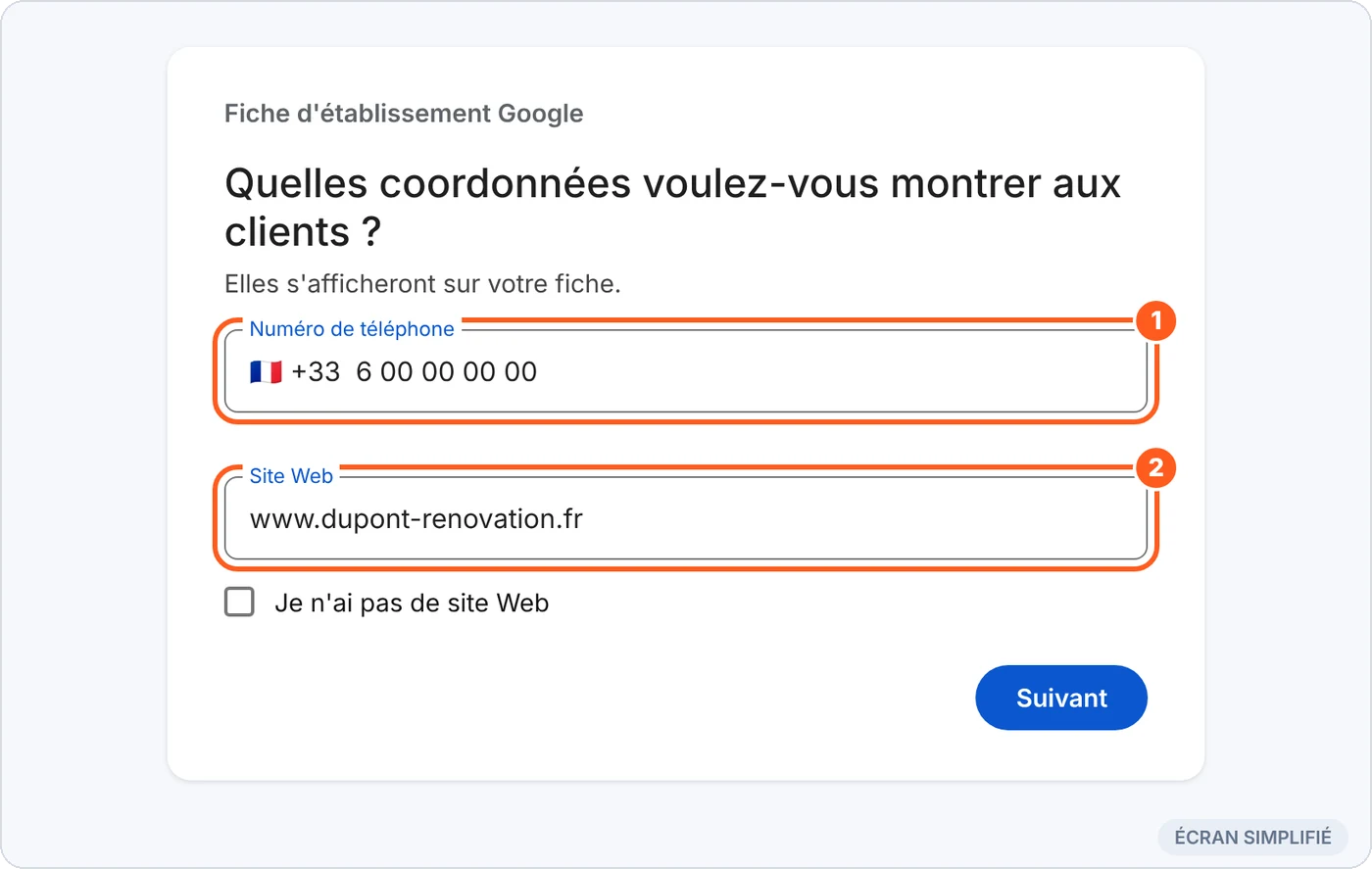 Numéro de téléphone et site web
