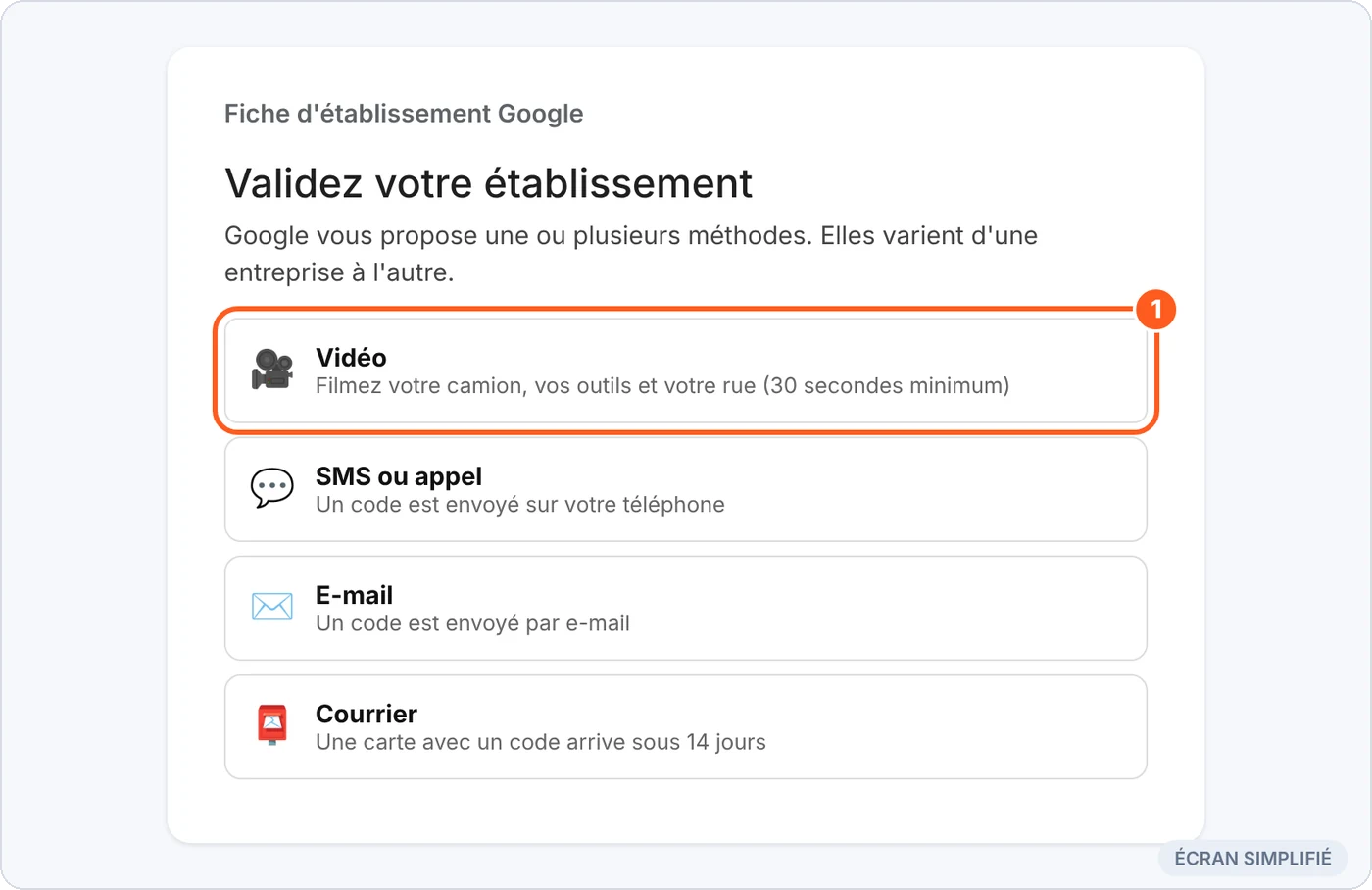 Méthodes de validation : vidéo, SMS, e-mail, courrier