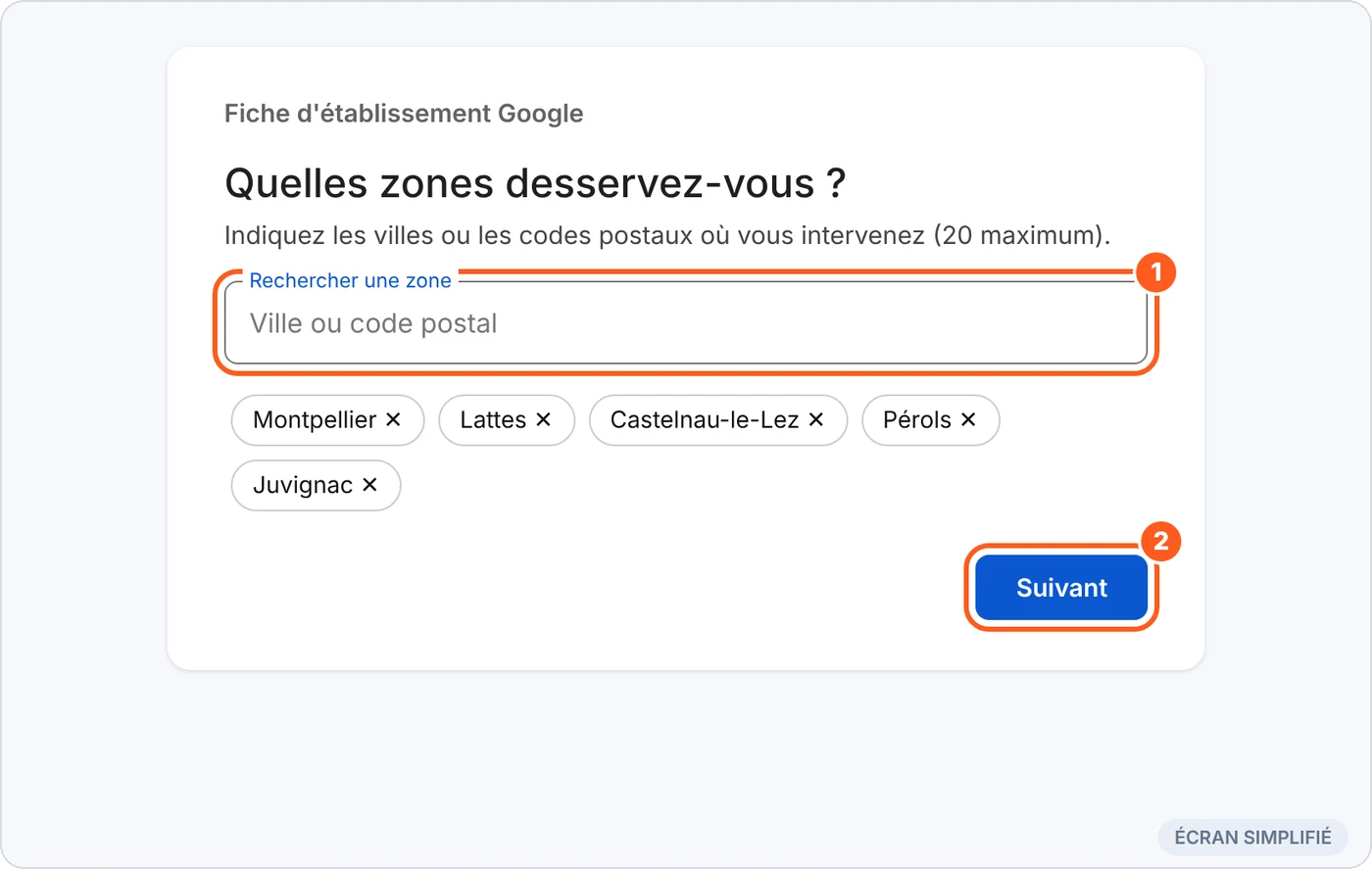 Zones desservies : villes ou codes postaux