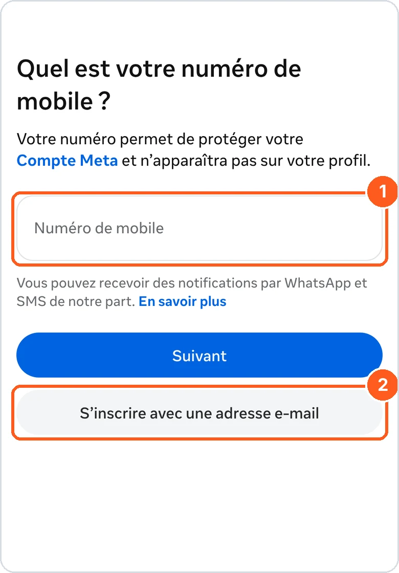 Inscription Instagram : numéro de mobile ou adresse e-mail