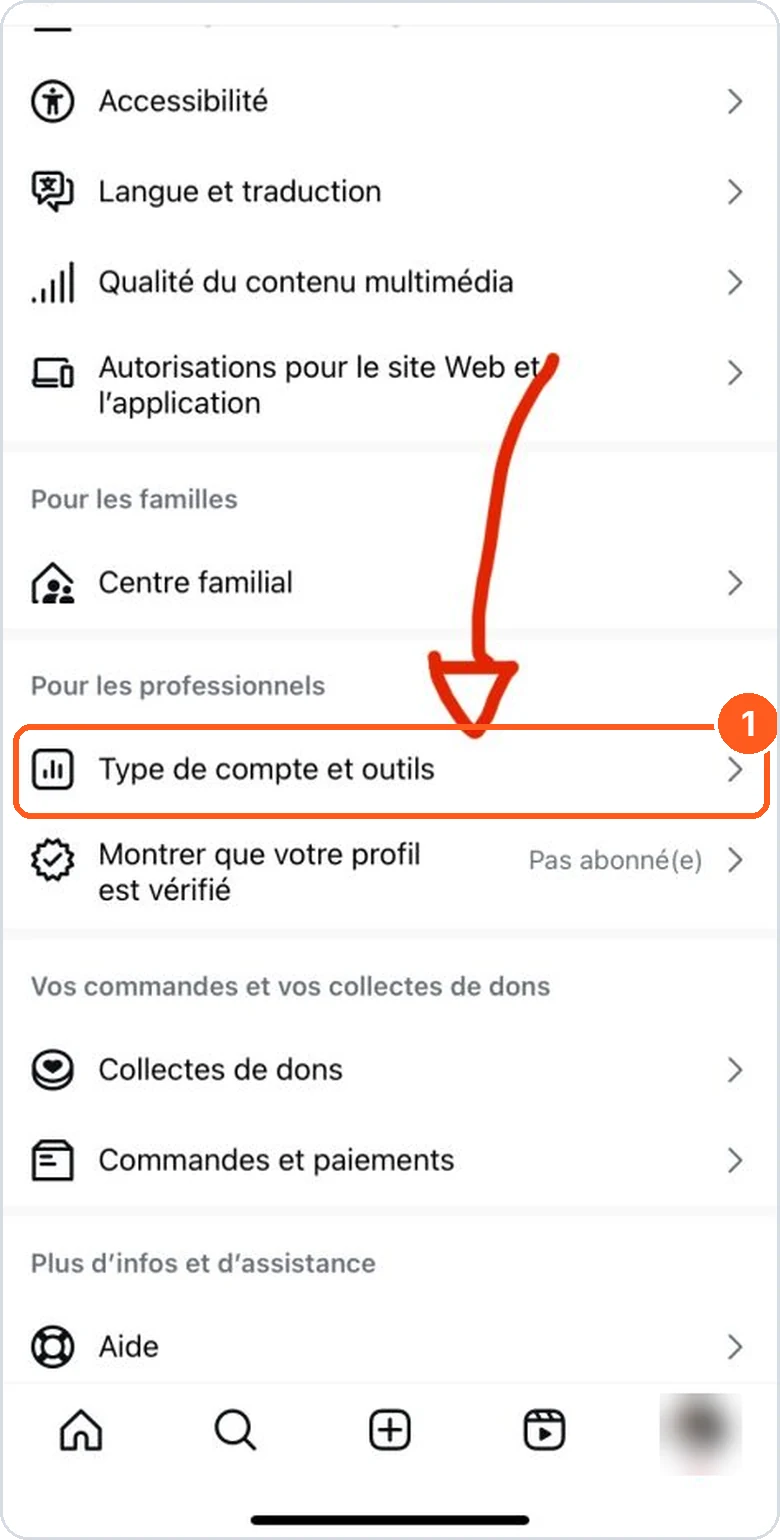 Paramètres et activité : Type de compte et outils, dans Pour les professionnels