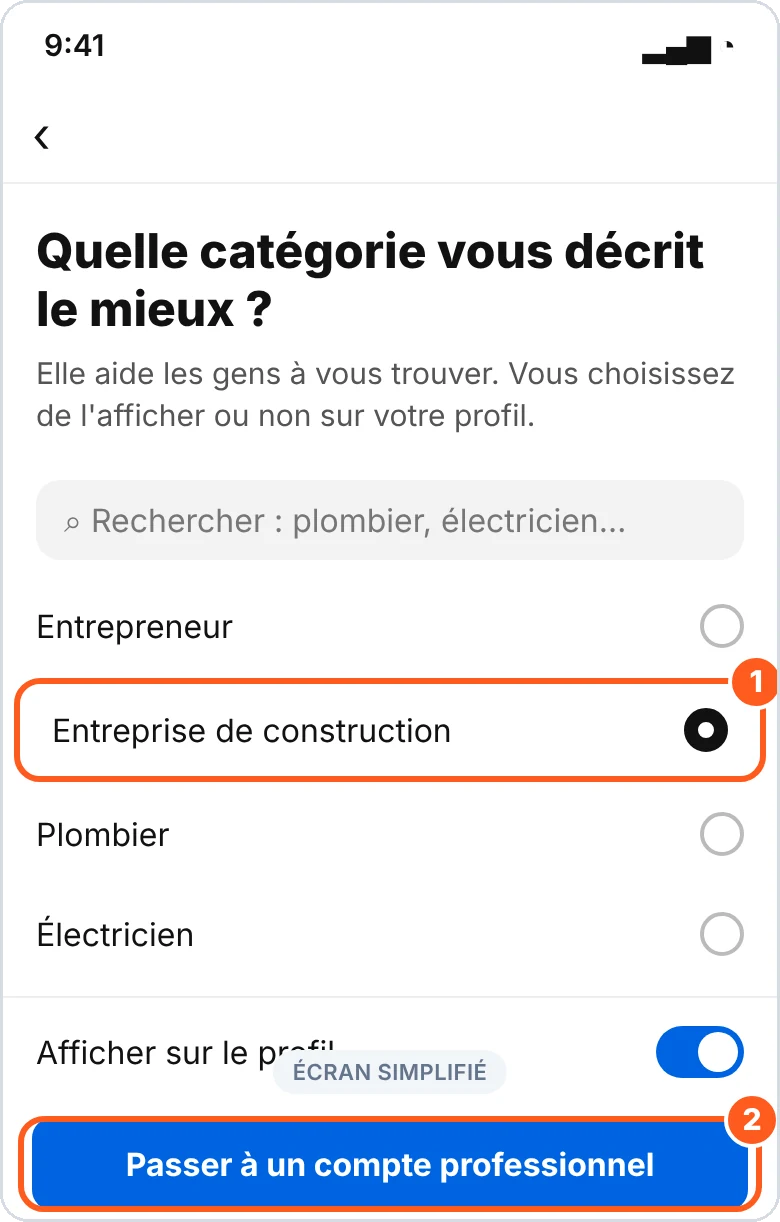 Choisir une catégorie, puis Passer à un compte professionnel