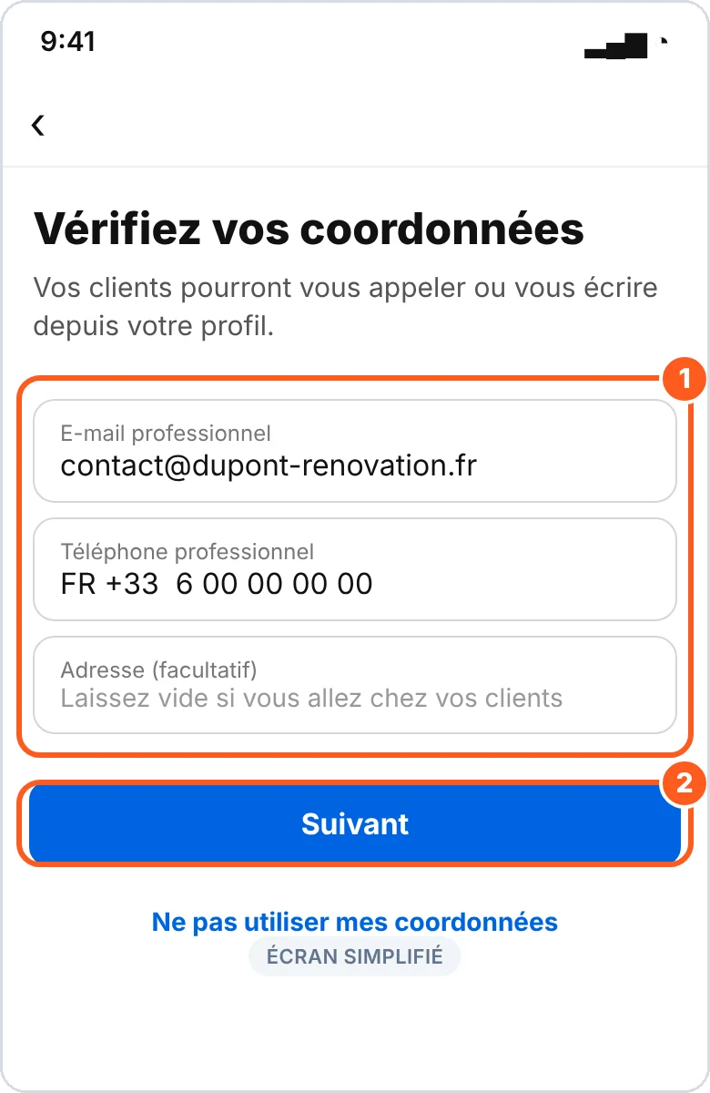 Vérifier les coordonnées, puis Suivant