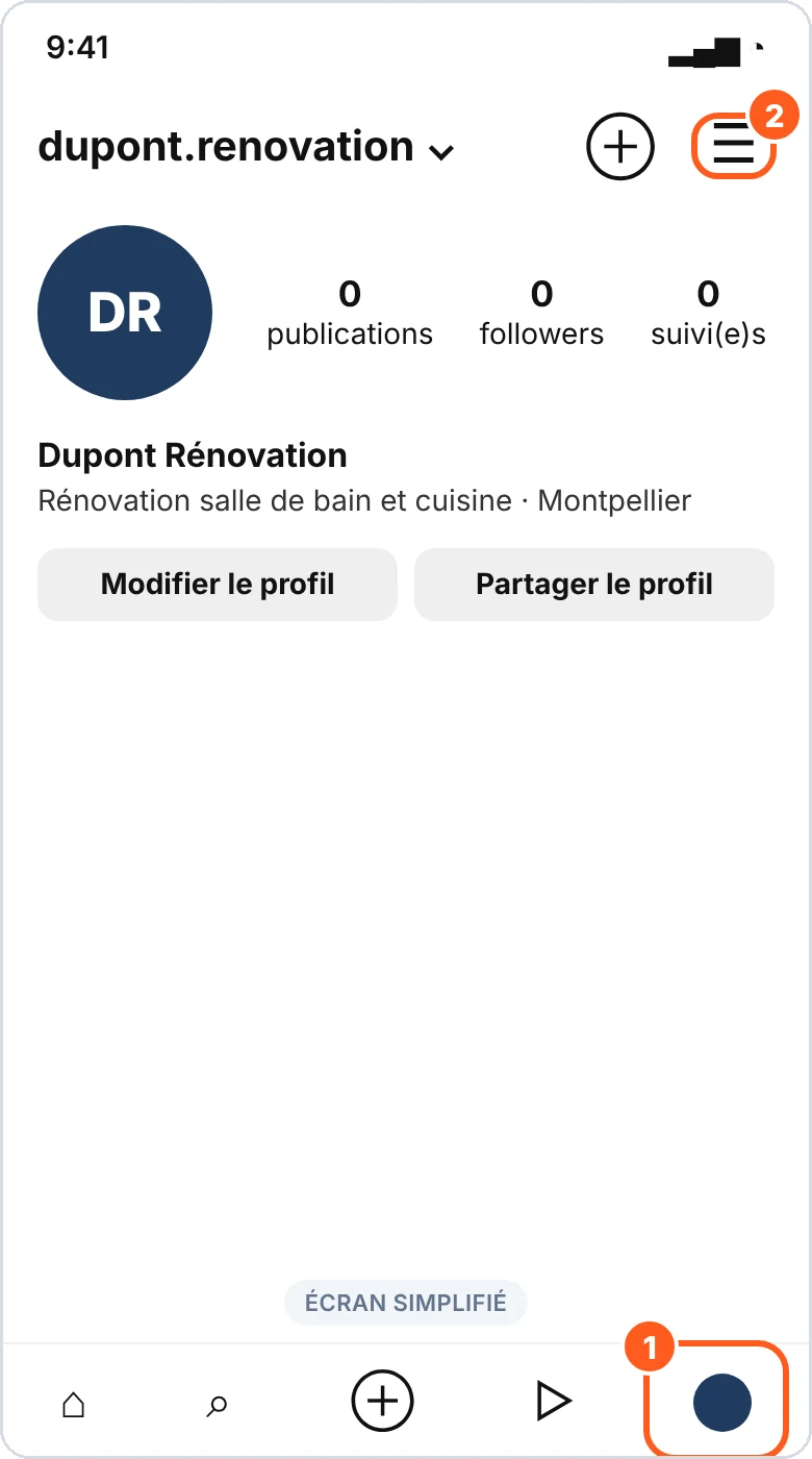 Profil Instagram : photo de profil en bas à droite, puis menu ☰ en haut à droite