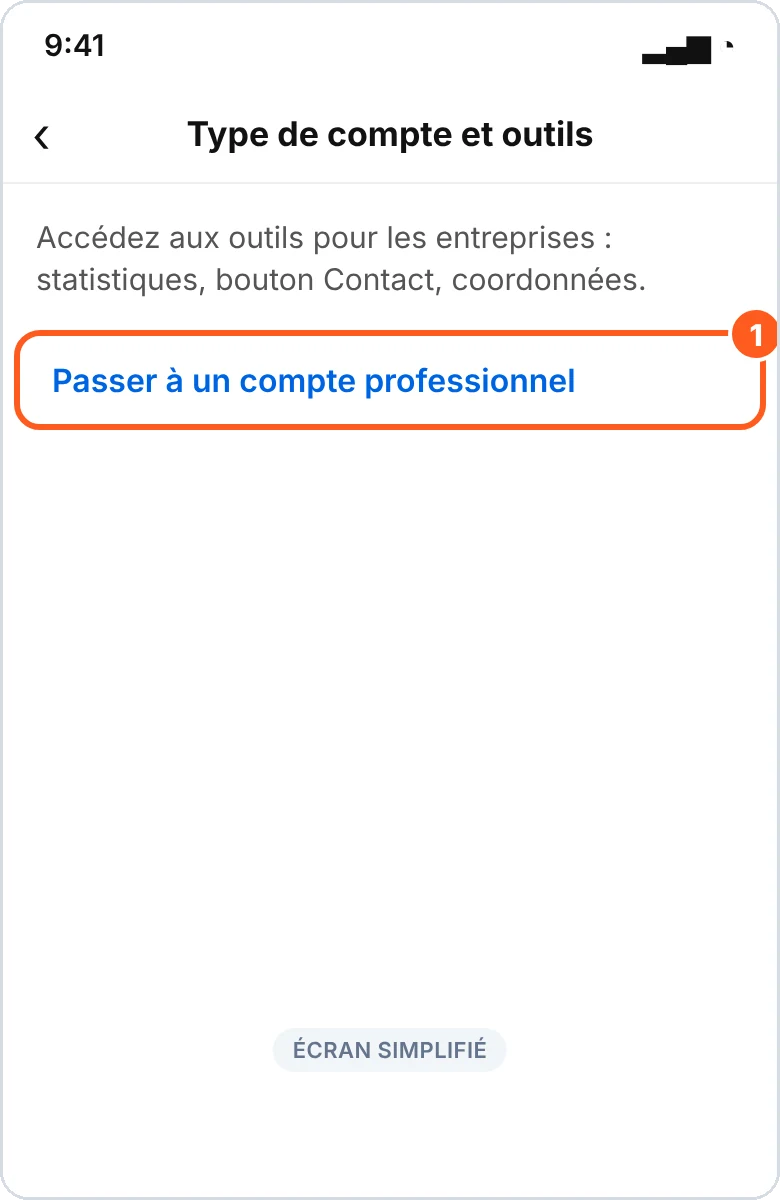 Type de compte et outils : Passer à un compte professionnel