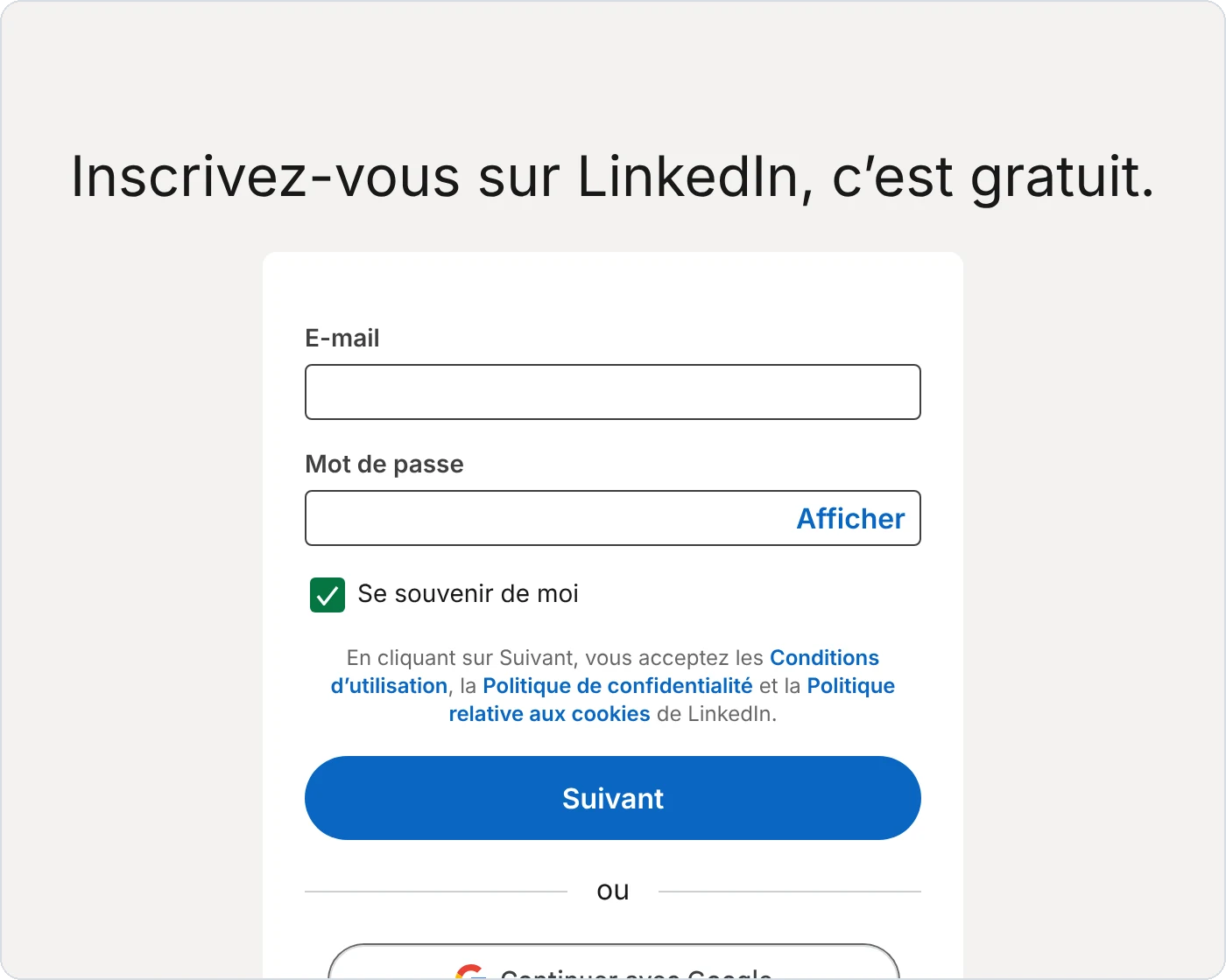 Page d'inscription LinkedIn