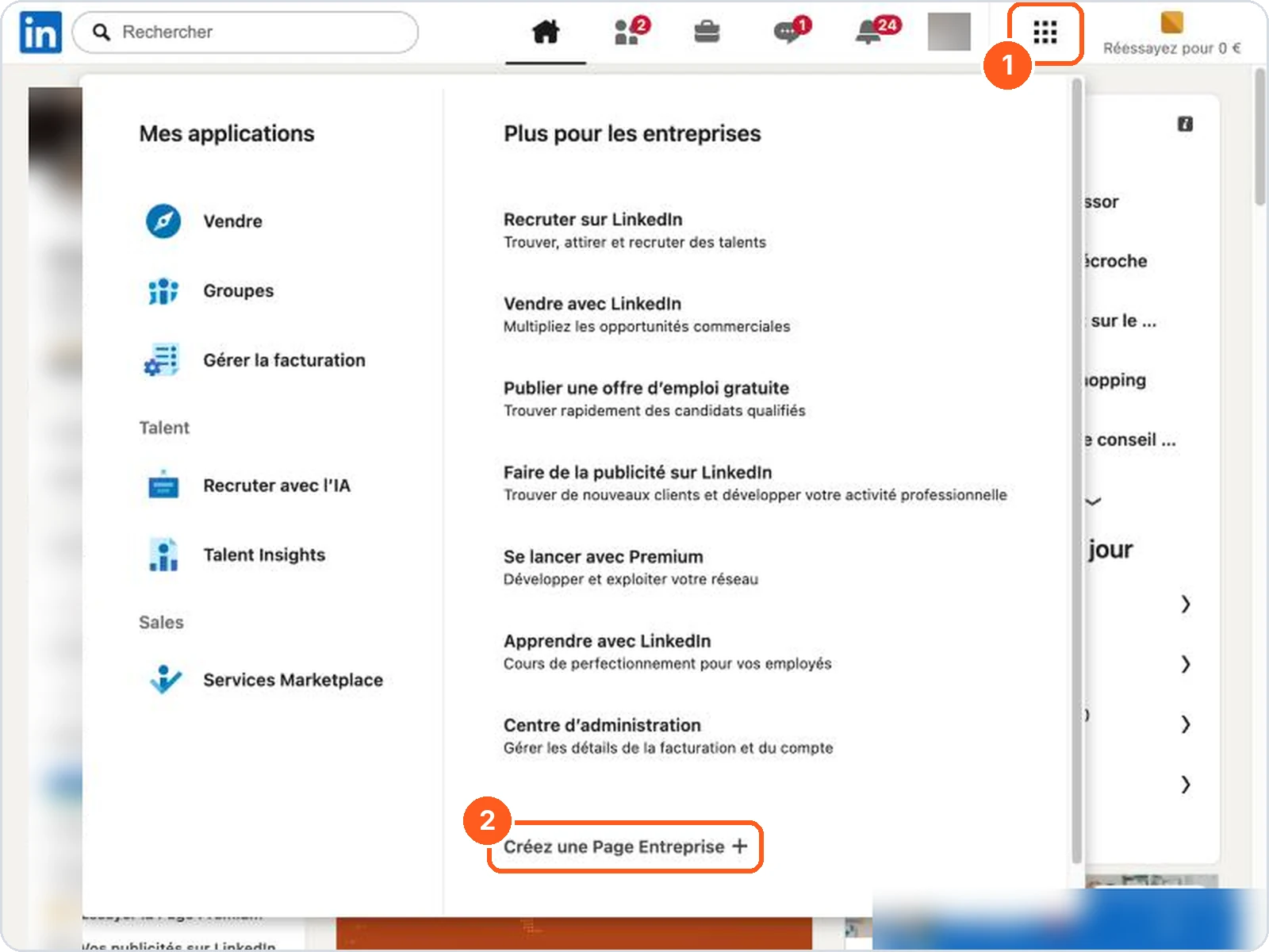 Menu Pour les entreprises, puis Créez une Page Entreprise