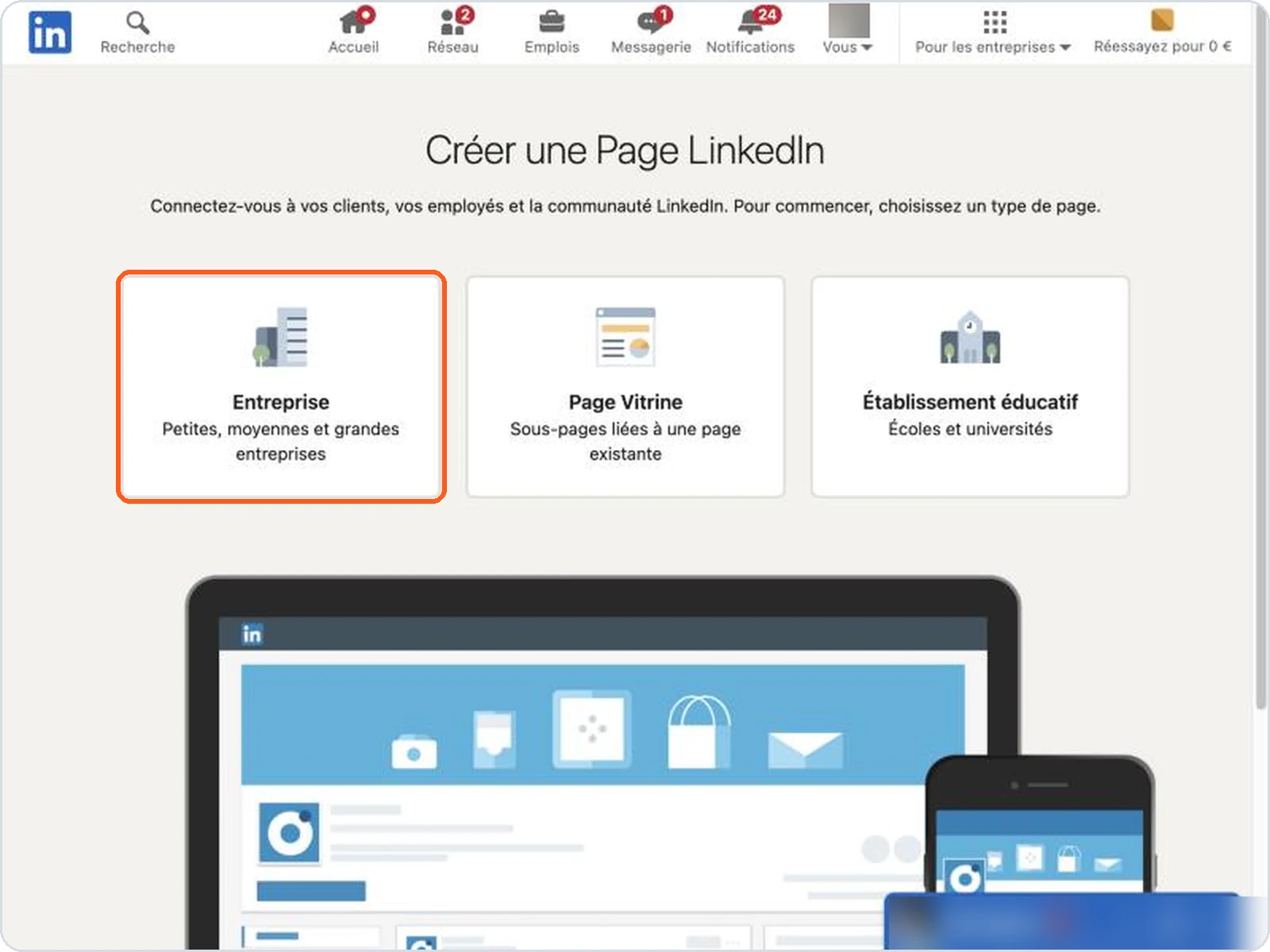 Choisir le type de Page Entreprise