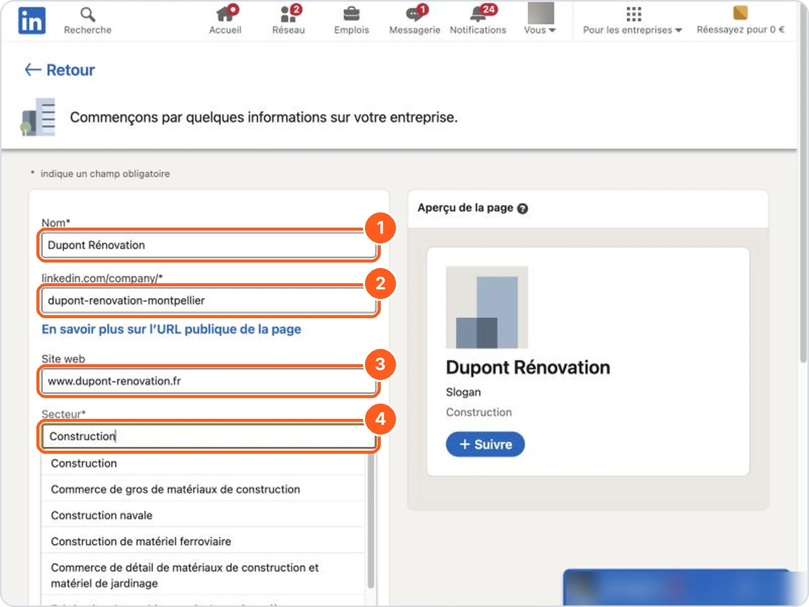 Formulaire de la Page : nom, URL, site web, secteur