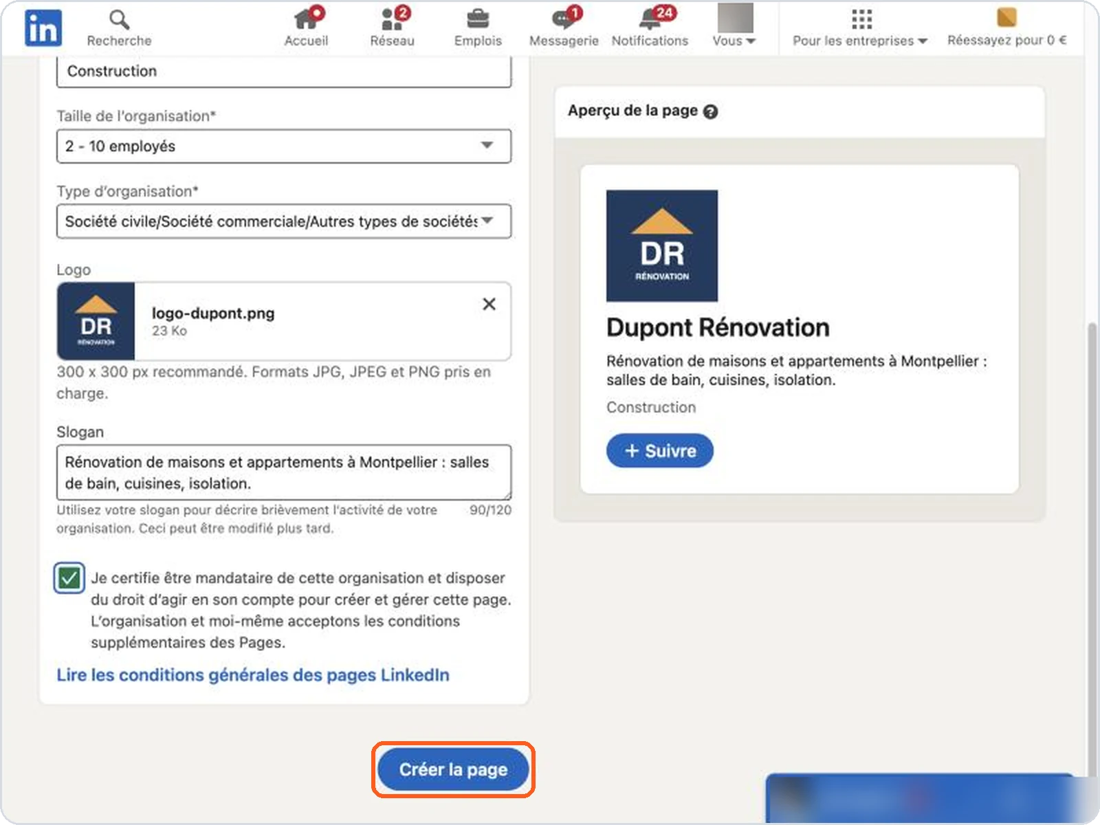 Bouton Créer la page