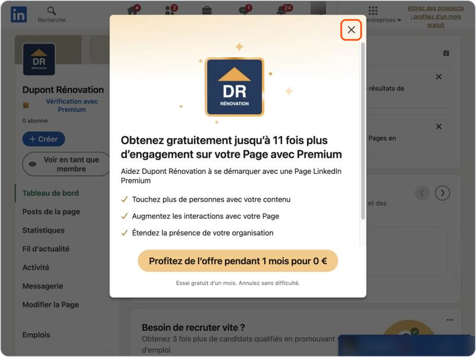 Fenêtre Premium : la fermer avec la croix