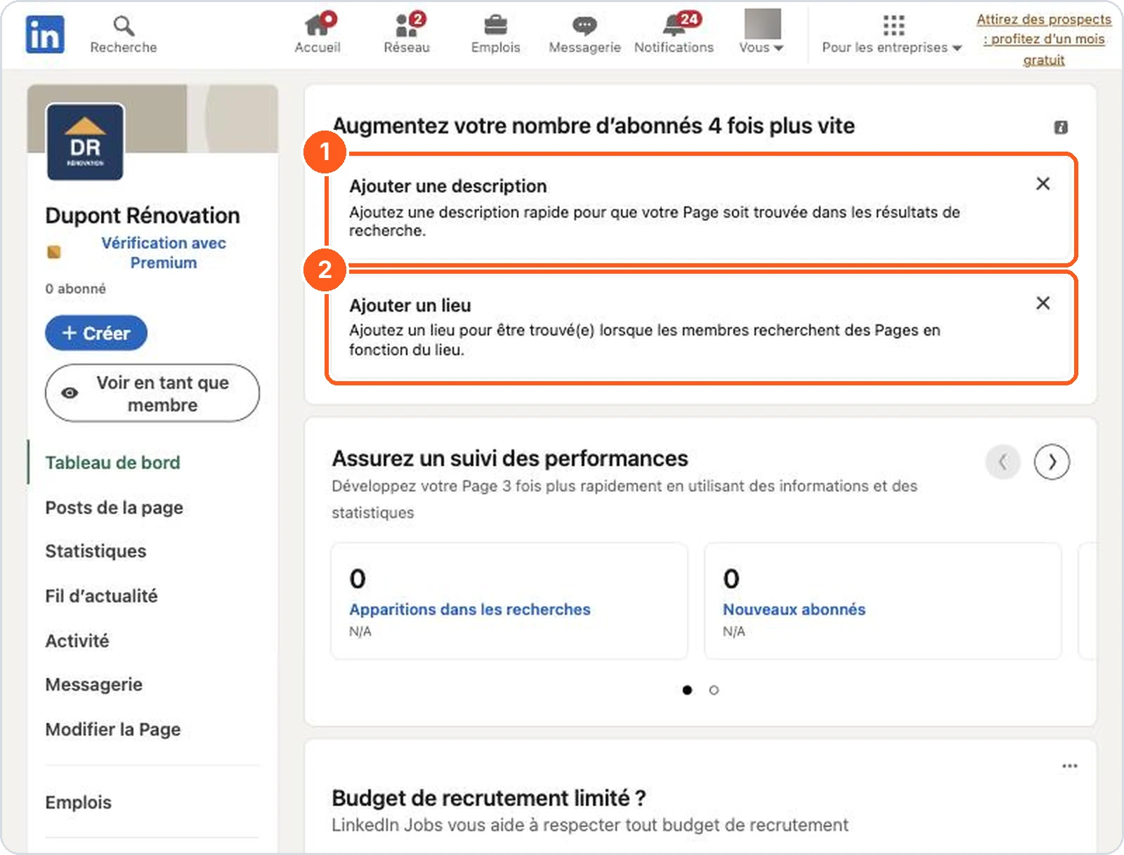Tableau de bord : ajouter une description et un lieu