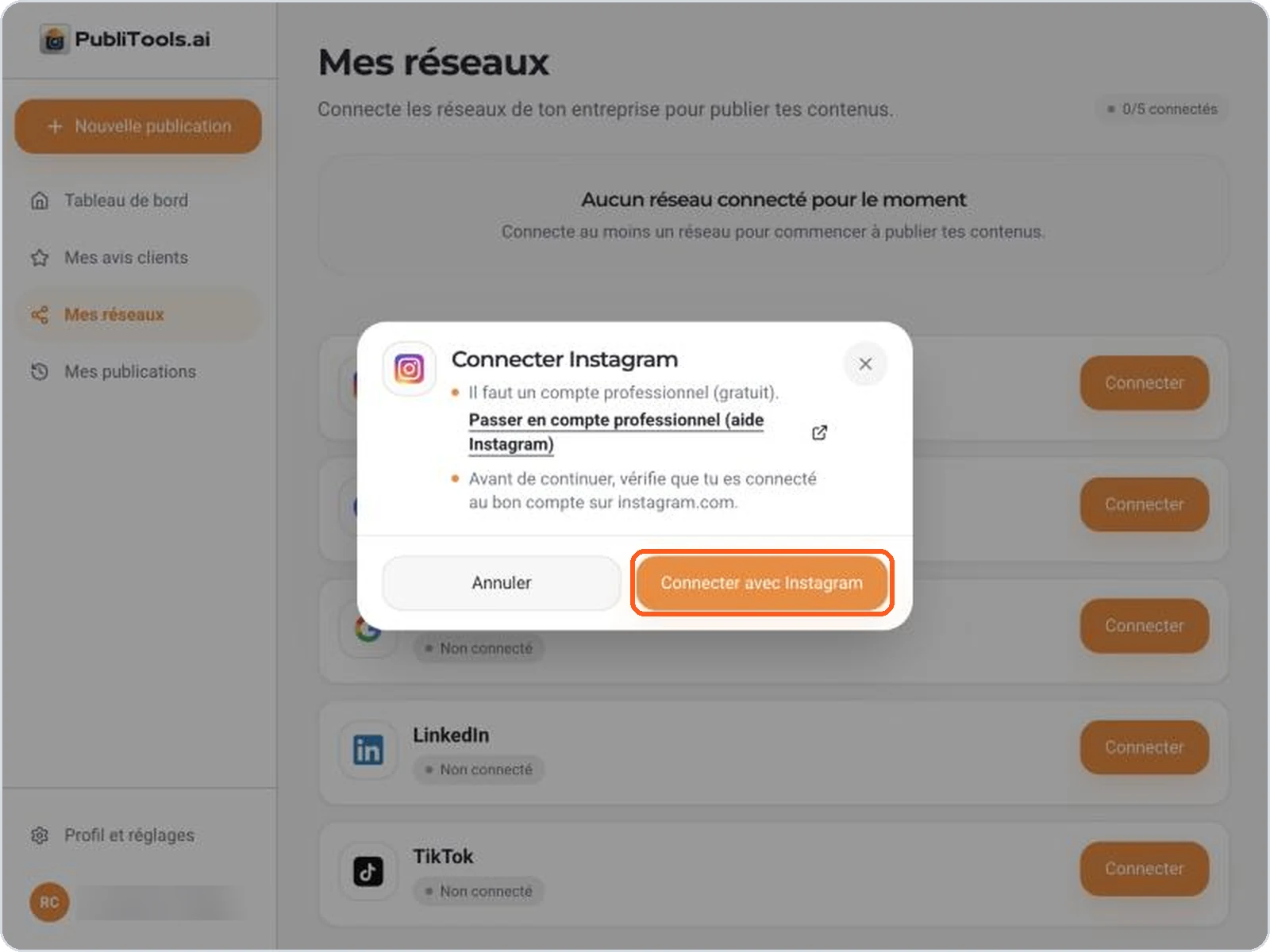 Connecter Instagram dans PubliTools