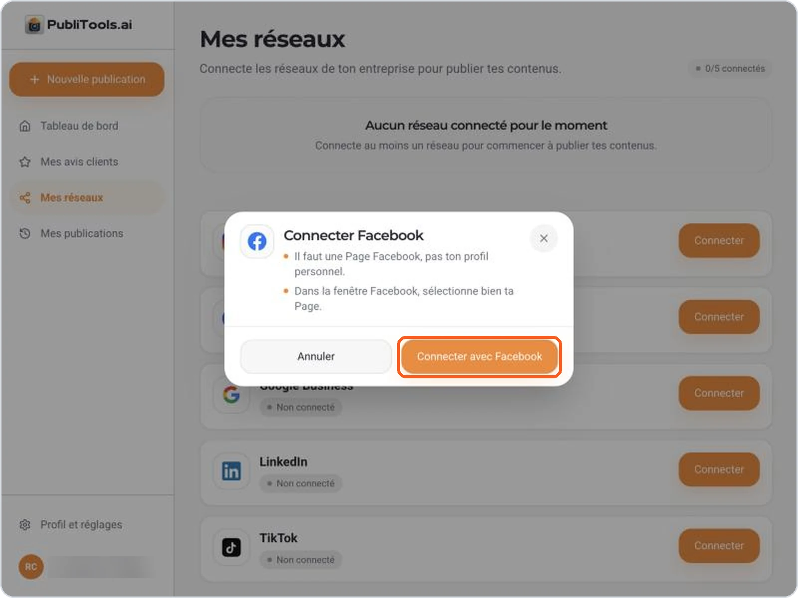 Connecter Facebook dans PubliTools