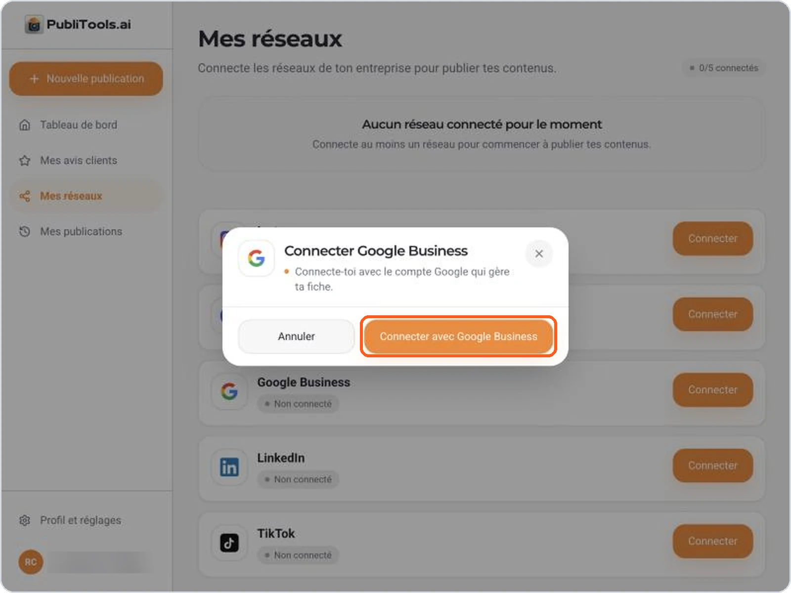 Connecter Google Business dans PubliTools