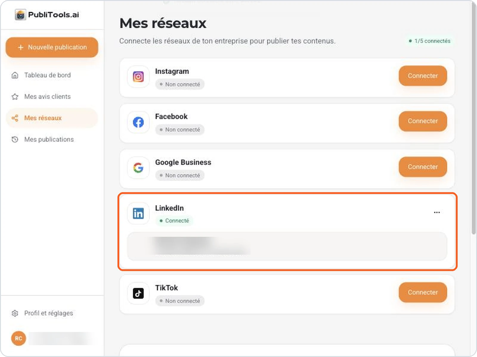 LinkedIn connecté dans PubliTools